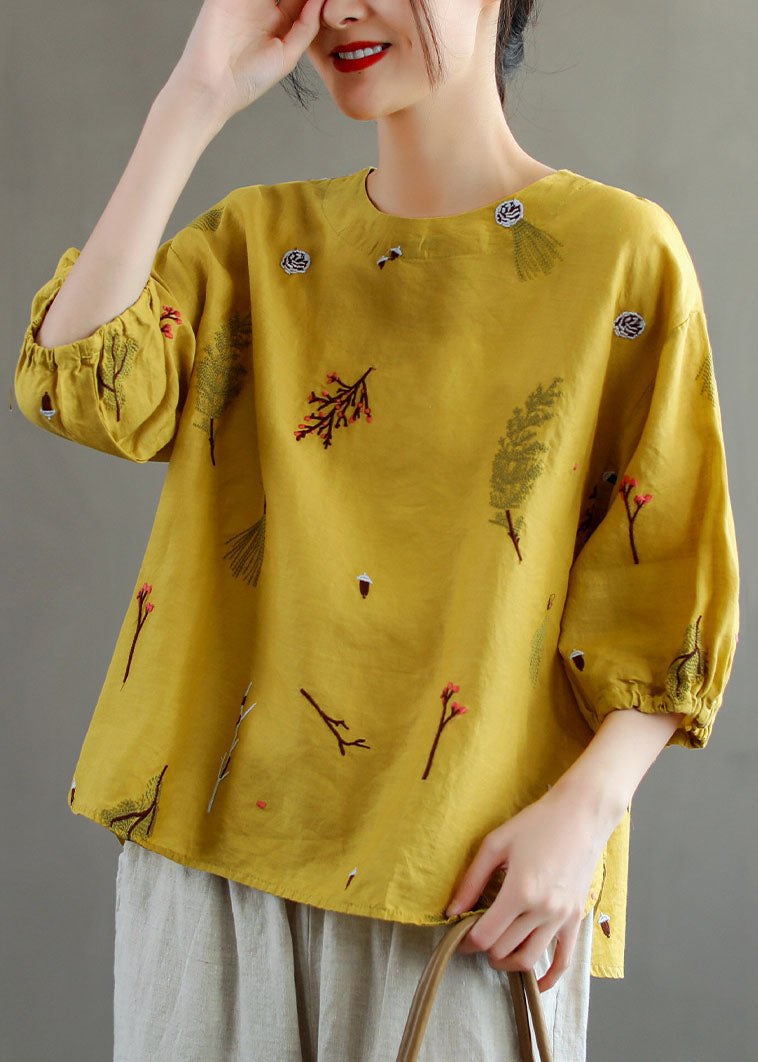 Women Yellow O-Neck Embroideried Patchwork Linen T Shirts Summer LY5009 - fabuloryshop