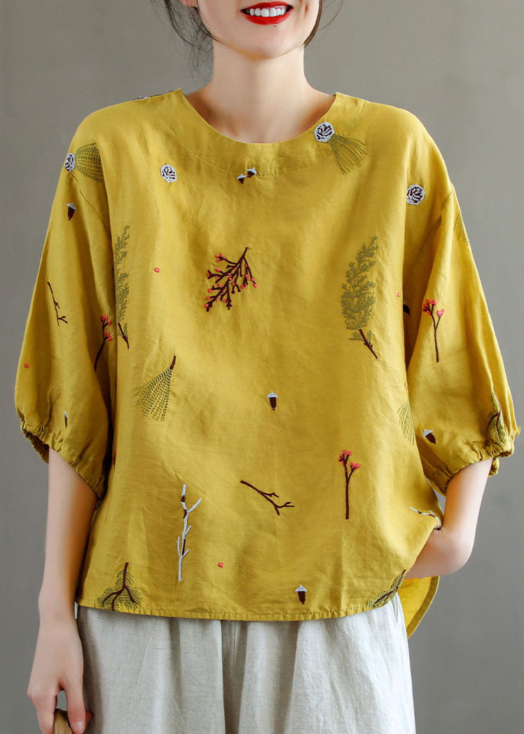 Women Yellow O-Neck Embroideried Patchwork Linen T Shirts Summer LY5009 - fabuloryshop