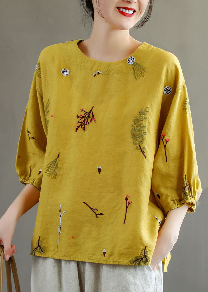 Women Yellow O-Neck Embroideried Patchwork Linen T Shirts Summer LY5009 - fabuloryshop