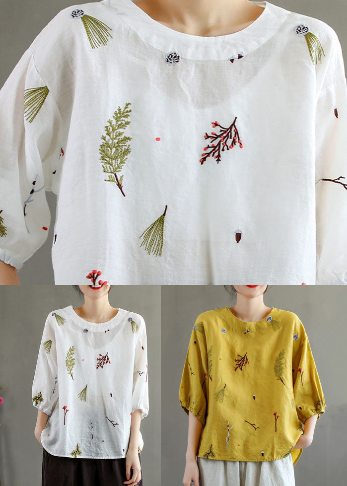 Women Yellow O-Neck Embroideried Patchwork Linen T Shirts Summer LY5009 - fabuloryshop