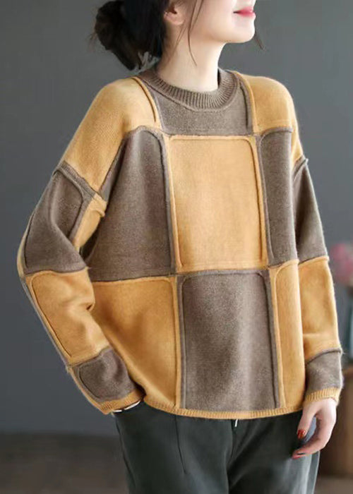 Women Yellow O-Neck Patchwork Knit Top Long Sleeve Ada Fashion