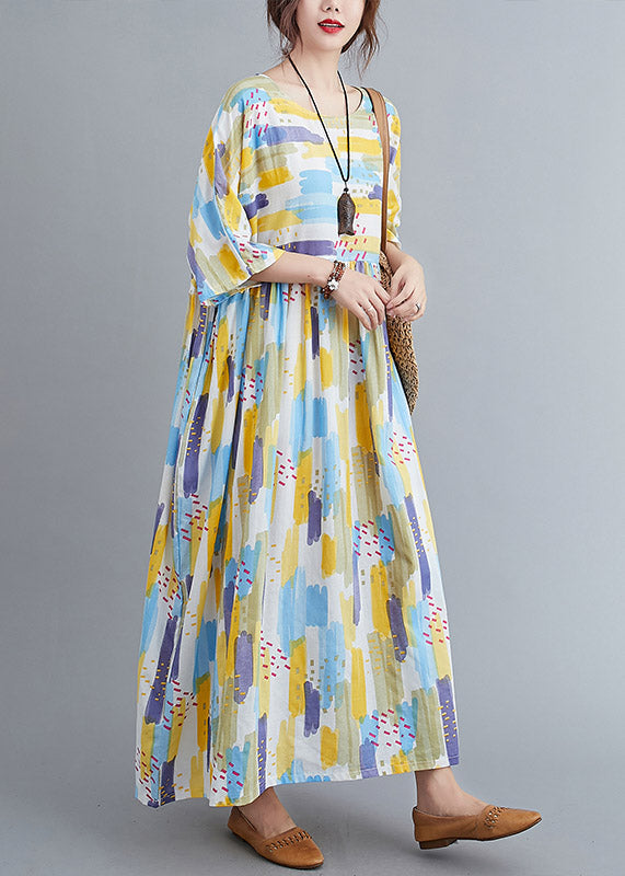 Women Yellow O-Neck Print Long Dress Spring LY2938 - fabuloryshop