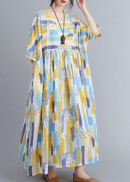 Women Yellow O-Neck Print Long Dress Spring LY2938 - fabuloryshop