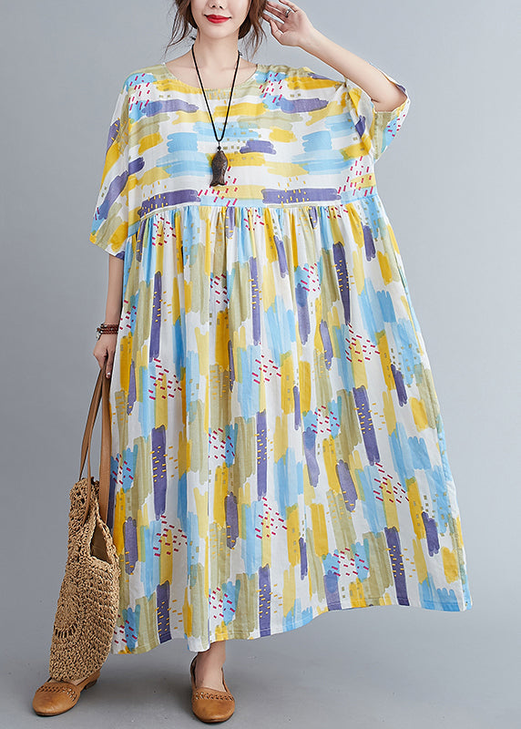 Women Yellow O-Neck Print Long Dress Spring LY2938 - fabuloryshop