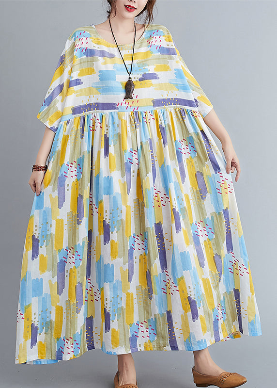 Women Yellow O-Neck Print Long Dress Spring LY2938 - fabuloryshop