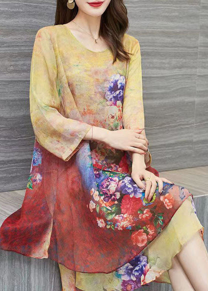 Women Yellow O Neck Print Patchwork Chiffon Dress Summer Ada Fashion