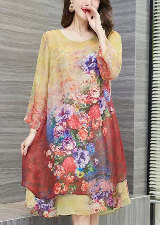 Women Yellow O Neck Print Patchwork Chiffon Dress Summer Ada Fashion