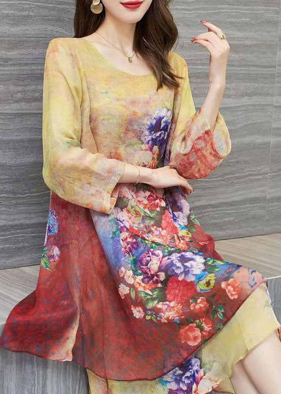 Women Yellow O Neck Print Patchwork Chiffon Dress Summer Ada Fashion