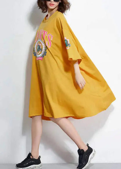 Women Yellow O Neck Print Patchwork Cotton Mid Dress Summer Ada Fashion