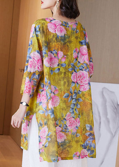 Women Yellow O Neck Print Side Open Patchwork Linen Shirt Tops Summer TF1043 - fabuloryshop