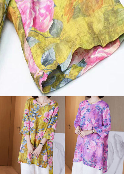 Women Yellow O Neck Print Side Open Patchwork Linen Shirt Tops Summer TF1043 - fabuloryshop