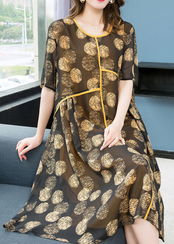 Women Yellow O Neck Print Wrinkled Patchwork Chiffon Dresses Summer Ada Fashion