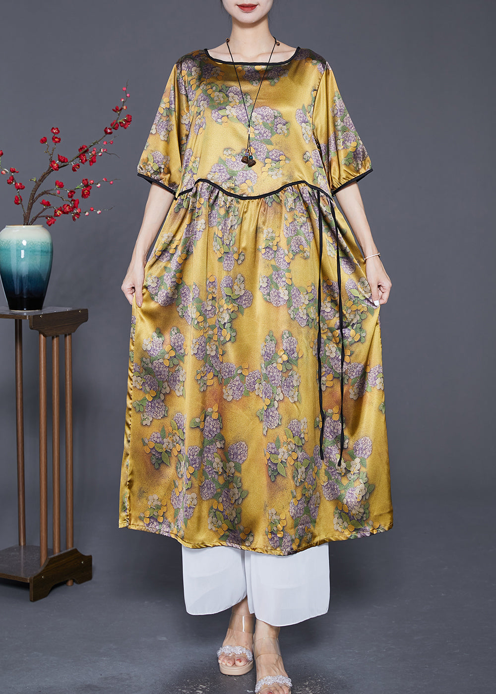 Women Yellow Oversized Print Silk Long Dresses Summer Ada Fashion