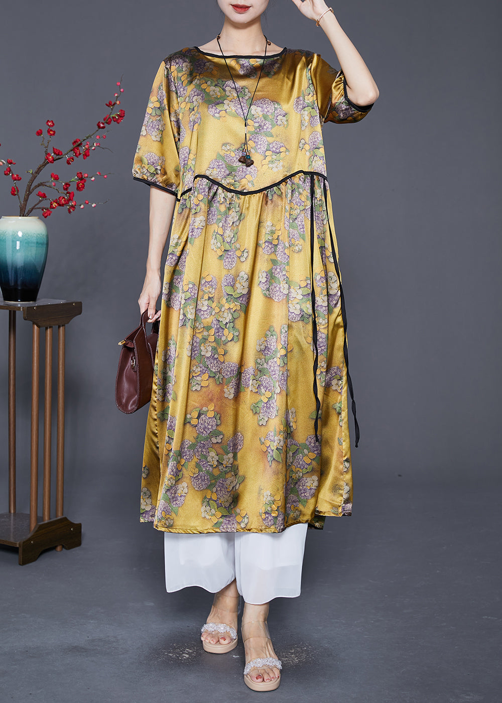 Women Yellow Oversized Print Silk Long Dresses Summer Ada Fashion