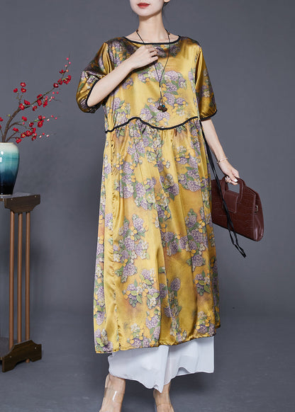 Women Yellow Oversized Print Silk Long Dresses Summer Ada Fashion