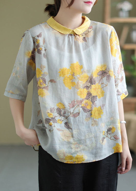 Women Yellow Peter Pan Collar Print Patchwork Linen Top Summer LY6202 - fabuloryshop