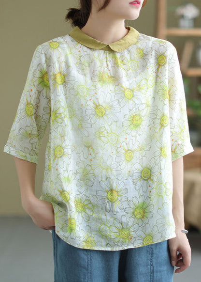 Women Yellow Peter Pan Collar Print Patchwork Linen Top Summer LY6202 - fabuloryshop