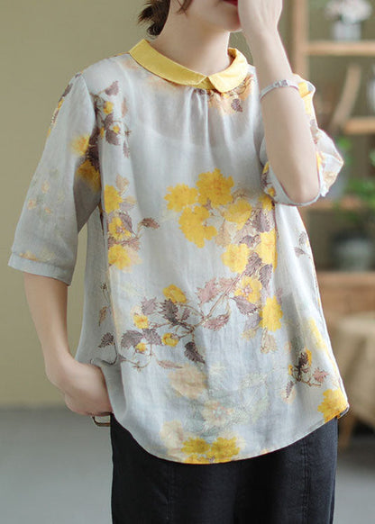 Women Yellow Peter Pan Collar Print Patchwork Linen Top Summer LY6202 - fabuloryshop