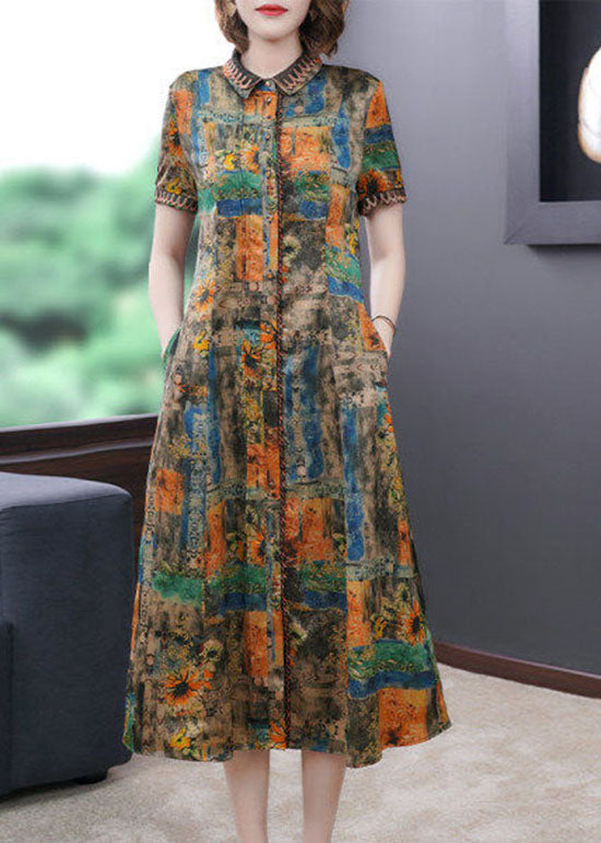 Women Yellow Peter Pan Collar Print Silk Dresses Summer LY2247 - fabuloryshop