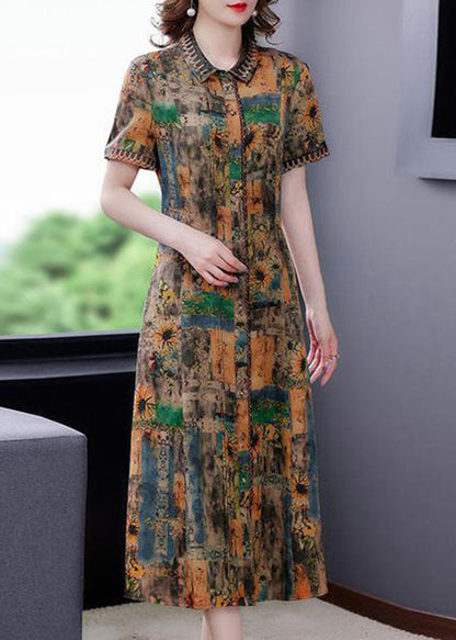 Women Yellow Peter Pan Collar Print Silk Dresses Summer LY2247 - fabuloryshop