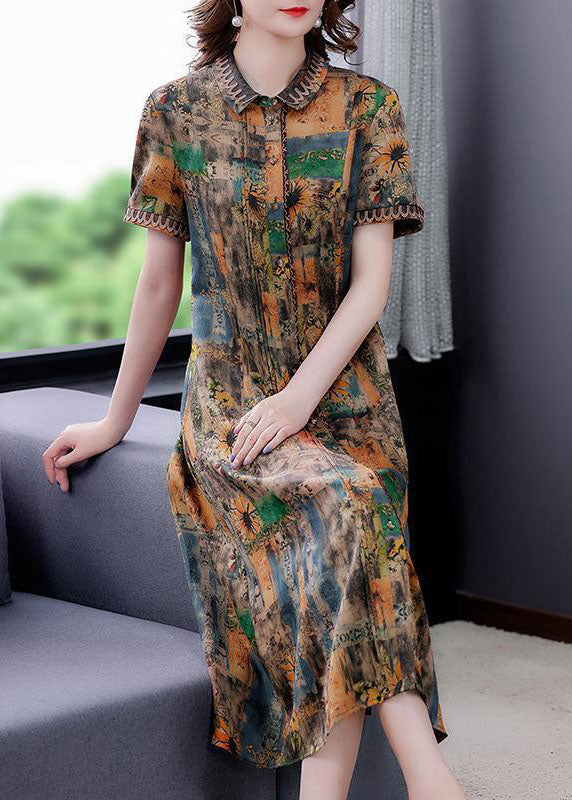 Women Yellow Peter Pan Collar Print Silk Dresses Summer LY2247 - fabuloryshop