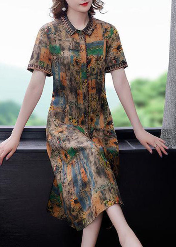 Women Yellow Peter Pan Collar Print Silk Dresses Summer LY2247 - fabuloryshop