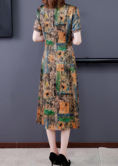 Women Yellow Peter Pan Collar Print Silk Dresses Summer LY2247 - fabuloryshop