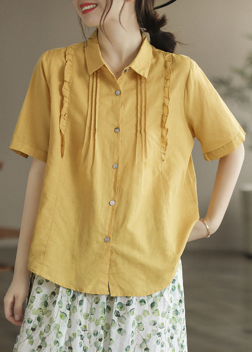 Women Yellow Peter Pan Collar Ruffled Patchwork Cotton Blouses Summer LY6192 - fabuloryshop