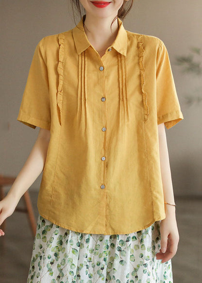 Women Yellow Peter Pan Collar Ruffled Patchwork Cotton Blouses Summer LY6192 - fabuloryshop