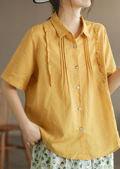 Women Yellow Peter Pan Collar Ruffled Patchwork Cotton Blouses Summer LY6192 - fabuloryshop