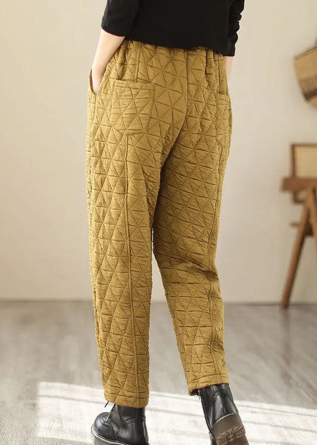 Women Yellow Pockets Plaid Patchwork Fleece Pants Winter Ada Fashion