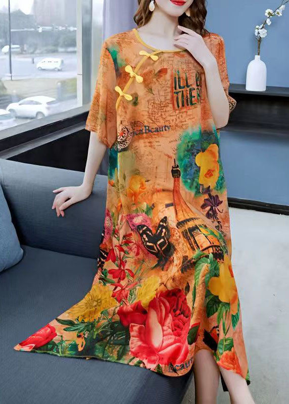 Women Yellow Print Chinese Button Patchwork Silk Dress Summer LY6503 - fabuloryshop