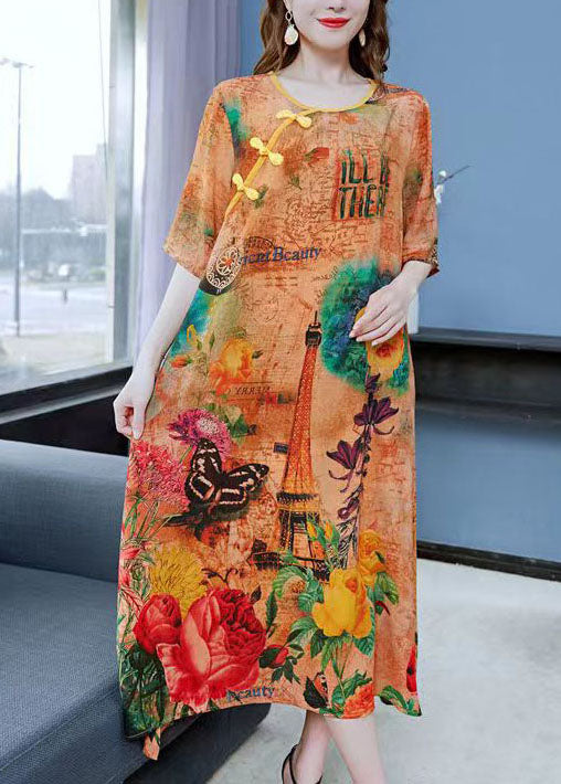 Women Yellow Print Chinese Button Patchwork Silk Dress Summer LY6503 - fabuloryshop