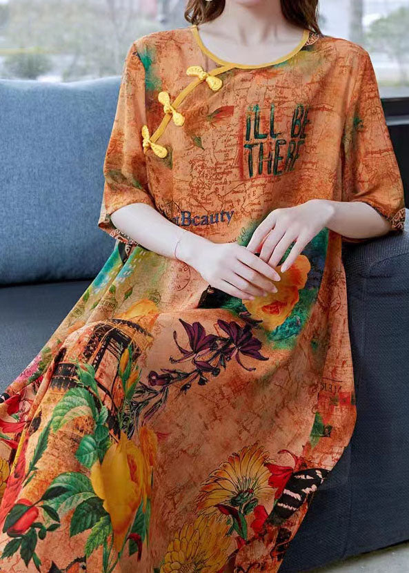 Women Yellow Print Chinese Button Patchwork Silk Dress Summer LY6503 - fabuloryshop