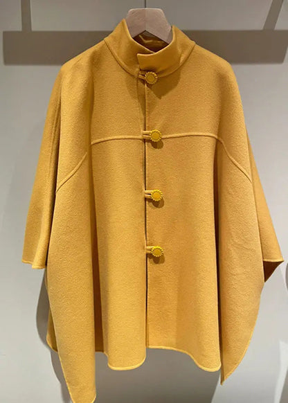 Women Yellow Stand Button Patchwork Woolen Cape Coats Fall Ada Fashion