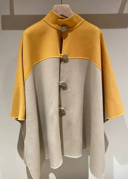 Women Yellow Stand Button Patchwork Woolen Cape Coats Fall Ada Fashion