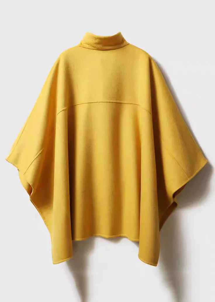 Women Yellow Stand Button Patchwork Woolen Cape Coats Fall Ada Fashion