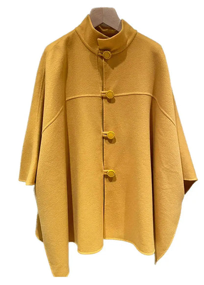 Women Yellow Stand Button Patchwork Woolen Cape Coats Fall Ada Fashion