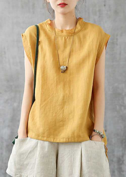 Women Yellow Stand Collar Drawstring Linen Tanks Short Sleeve TG1013 - fabuloryshop