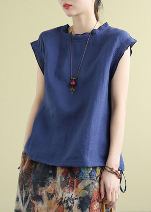 Women Yellow Stand Collar Drawstring Linen Tanks Short Sleeve TG1013 - fabuloryshop