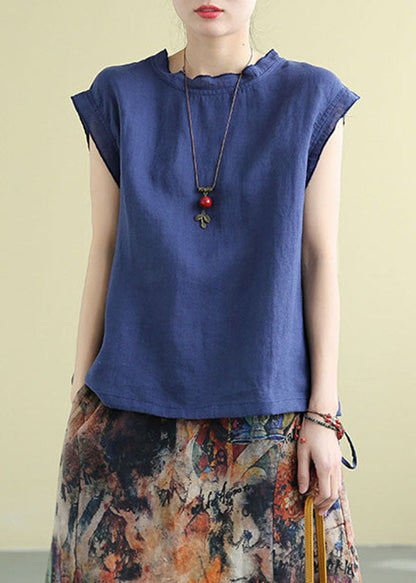 Women Yellow Stand Collar Drawstring Linen Tanks Short Sleeve TG1013 - fabuloryshop