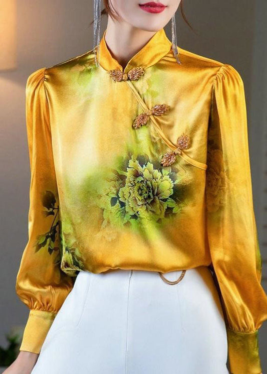 Women Yellow Stand Collar Oriental Button Print Patchwork Silk Tops Spring LY4539 - fabuloryshop