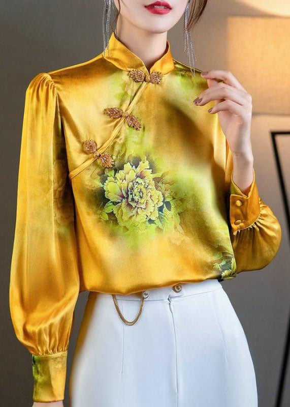 Women Yellow Stand Collar Oriental Button Print Patchwork Silk Tops Spring LY4539 - fabuloryshop