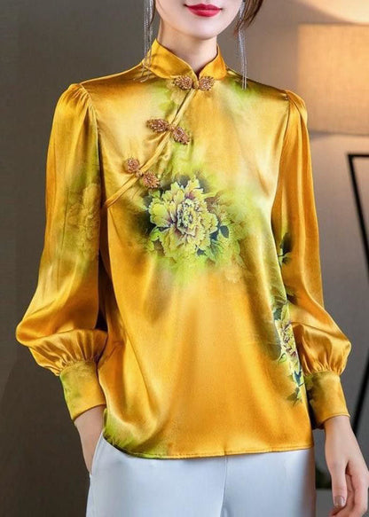 Women Yellow Stand Collar Oriental Button Print Patchwork Silk Tops Spring LY4539 - fabuloryshop