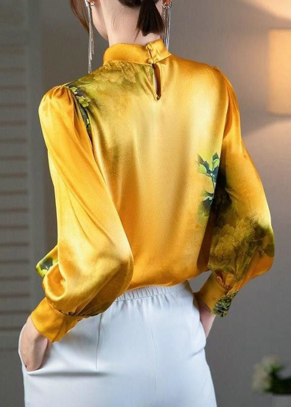 Women Yellow Stand Collar Oriental Button Print Patchwork Silk Tops Spring LY4539 - fabuloryshop