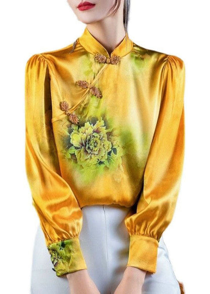 Women Yellow Stand Collar Oriental Button Print Patchwork Silk Tops Spring LY4539 - fabuloryshop