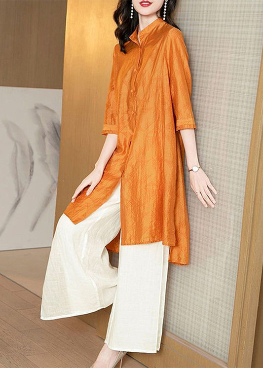 Women Yellow Stand Collar Oversized Silk Two Pieces Set Summer LY2775 - fabuloryshop