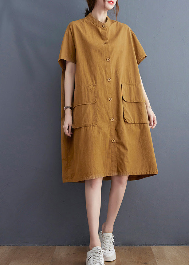 Women Yellow Stand Collar Patchwork Button Cotton Long Shirts Dress Short Sleeve LY0661 - fabuloryshop