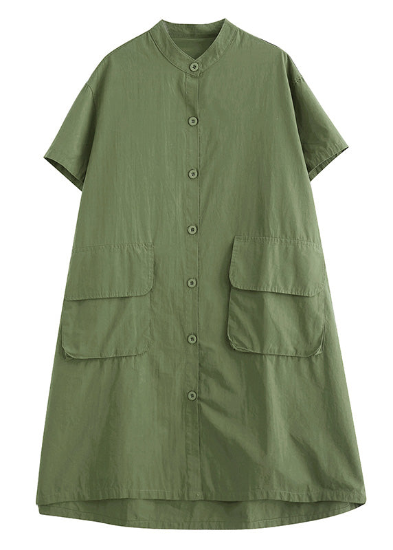 Women Yellow Stand Collar Patchwork Button Cotton Long Shirts Dress Short Sleeve LY0661