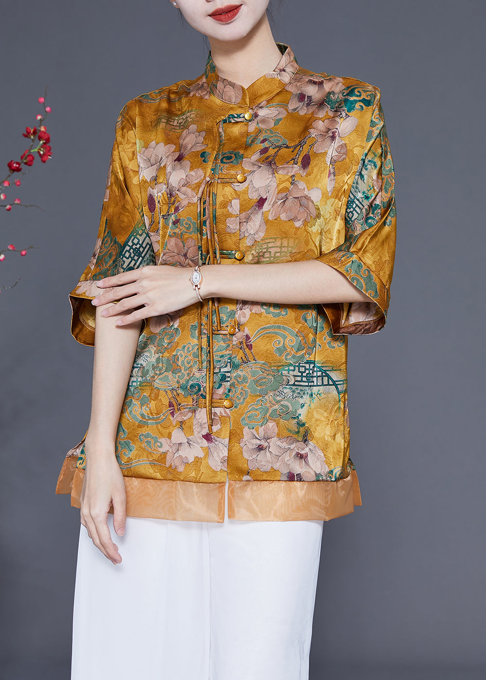 Women Yellow Stand Collar Patchwork Tassel Silk Blouses Half Sleeve LY1856 - fabuloryshop